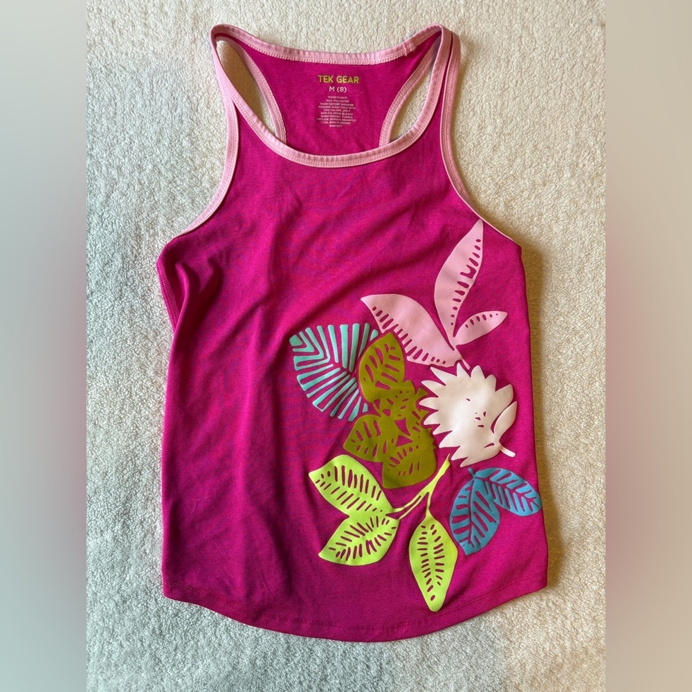 Tek Gear Fuchsia Tropical Floral Print Tank Top, Girls Sz 8